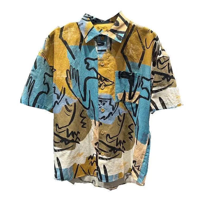 Summer New Turn-down Collar Fashion Short Sleeve Shirt Man High Street Casual Button Cardigan Loose Printing Y2K Youth Tops