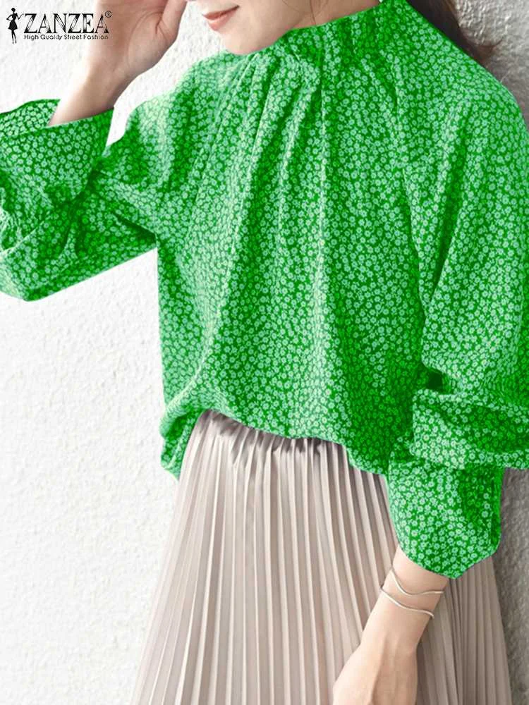 

Женский топ с длинным рукавом-фонариком ZANZEA, Элегантная блузка с цветочным принтом 2024, модная рубашка с воротником-стойкой и оборками, офисные летние туники