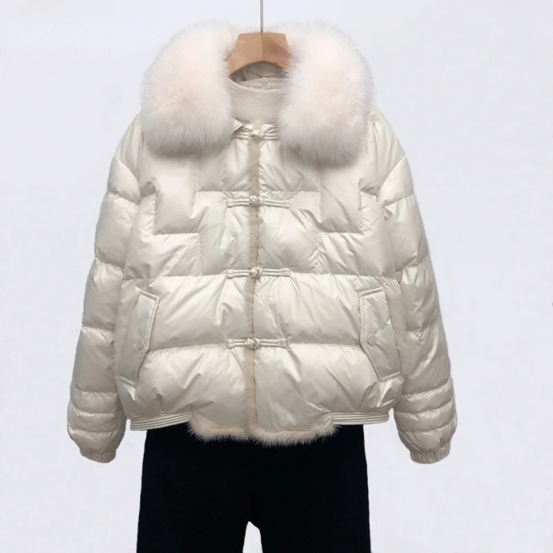 Real Fox Fur Collar Winter Women 90%White Duck Down Jacket Ladies Short Warm Puffer Coat Female Loose Vintage Parka Jackets