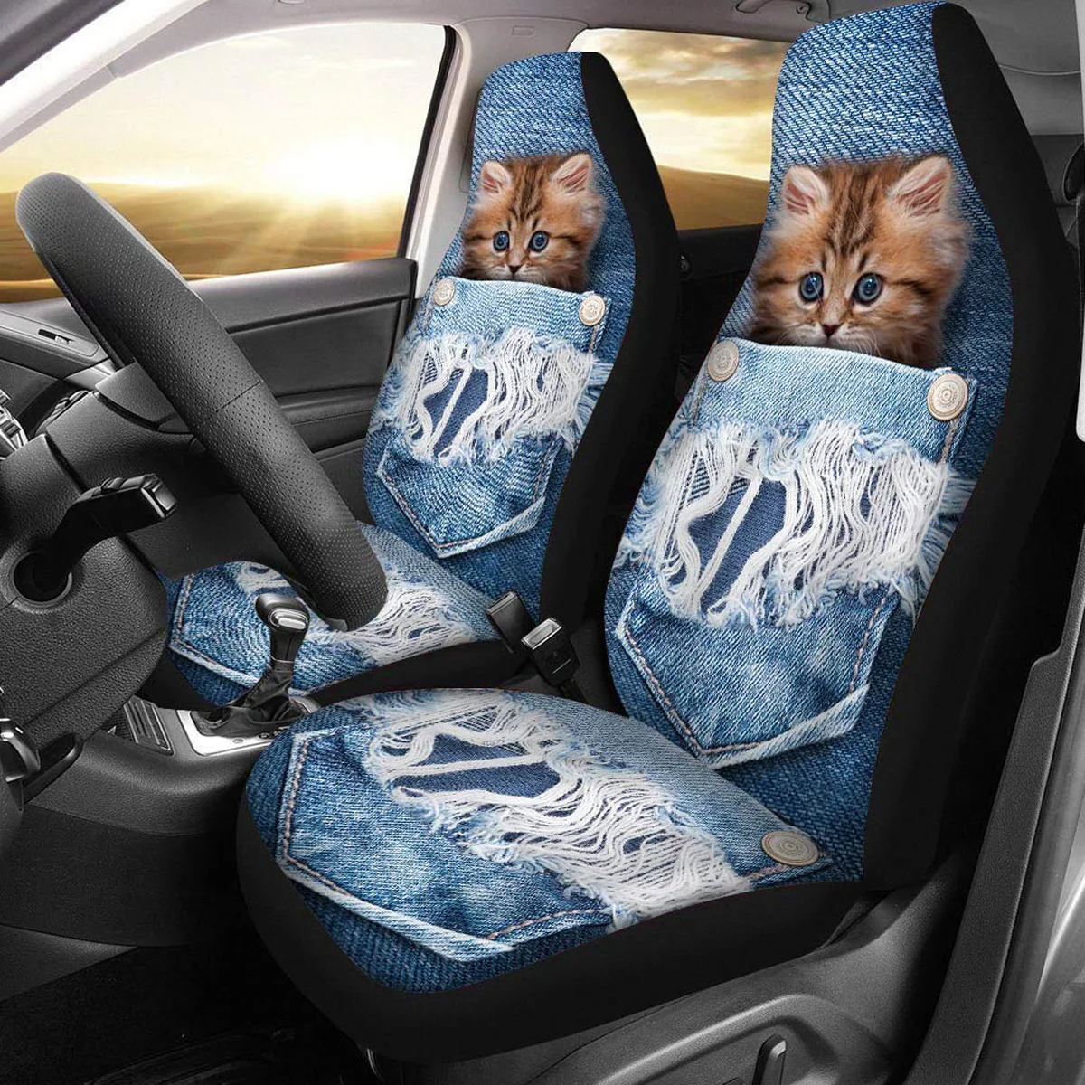 

3D Animal Printing Full Set Car Seat Covers fit Most Cars Cute Cat Pets Pattern Vehicle Seat Covers Front