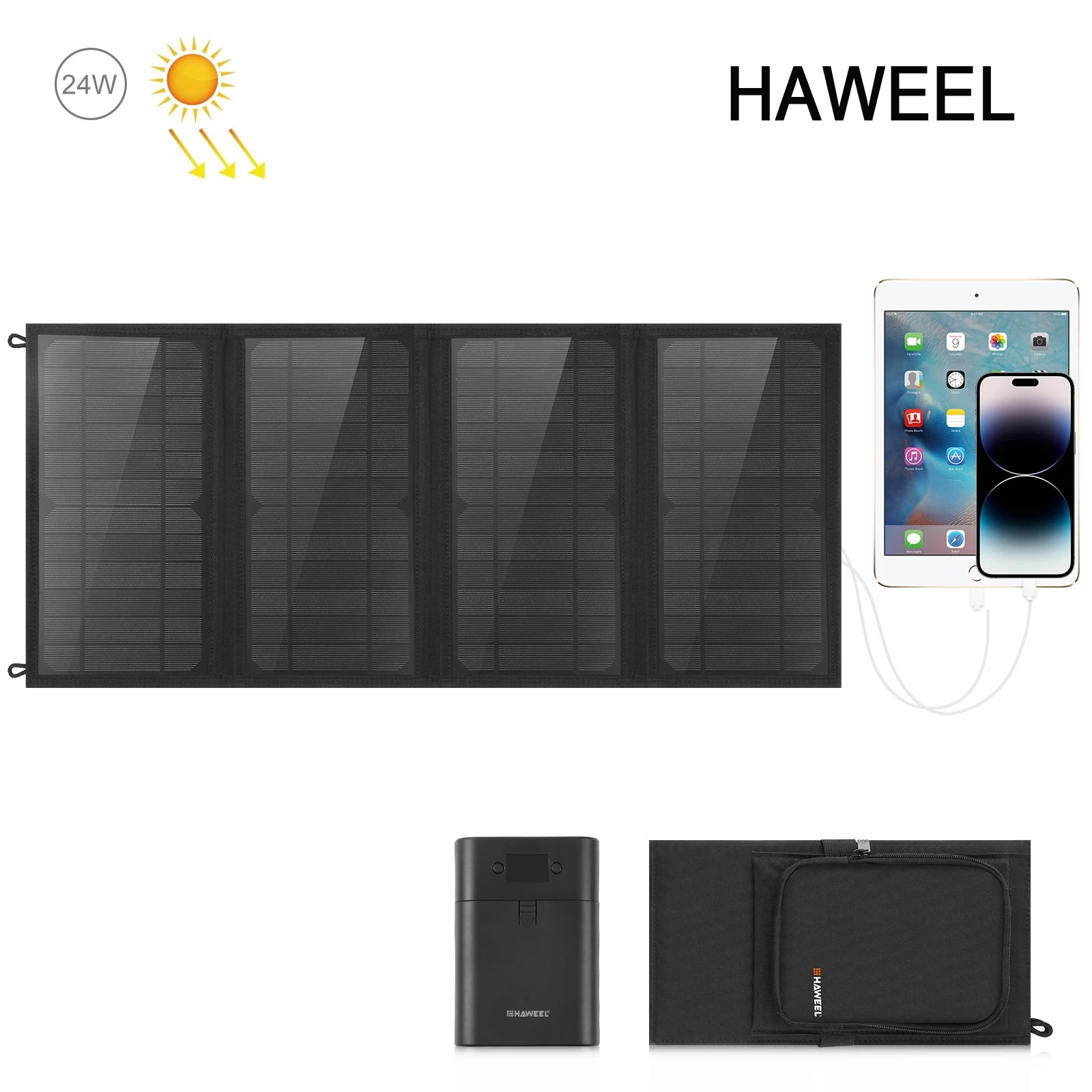 

HAWEEL 24W Foldable Solar Panel Charger Outdoor Bag 4 Monocrystalline Panels 5V / 3.1A Dual USB Type-C Ports QC3.0 Fast Charging