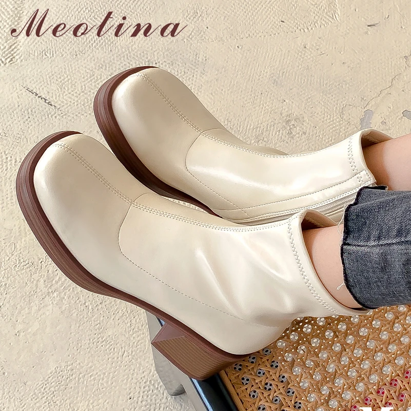 

Женские ботильоны с квадратным носком Meotina, модные короткие ботинки на платформе и высоком массивном каблуке, на молнии, бежевые, Осень-зима, 40