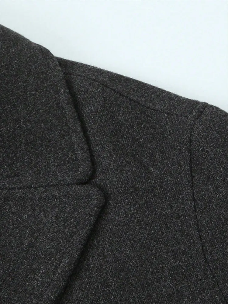 HH Autumn Women Grey Tweed Coat Double-Breasted Turn-Down Collar Long Sleeve Jacket Loose Casual Maternity Outerwear