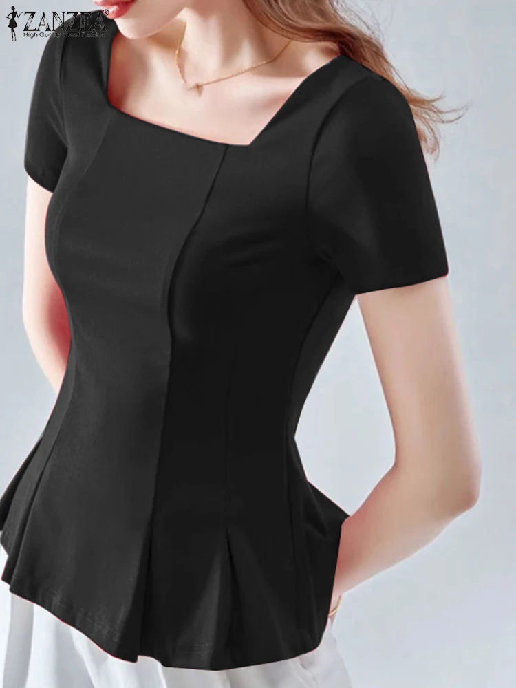 ZANZEA Elegant Women Office Lady Blouse Casual Slim Fit Work Tops Female White Blusas 2023 Summer Square Neck Short Sleeve Shirt