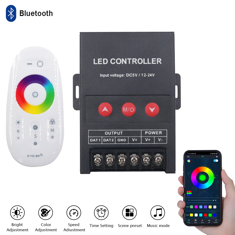 

Bluetooth-контроллер для WS2812B, RGB-контроллер с радиочастотным сенсорным пультом дистанционного управления для WS2811, WS2812B, RGB, цвет мечты, неоновая лампа