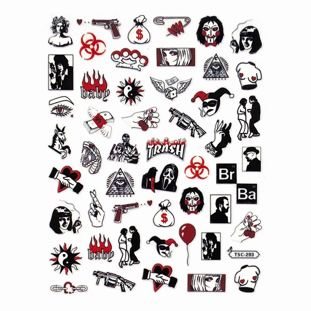 TSC-200 TSC-202 F-792 Jesus-Butterfly-Dragon Skull Skull Eye Snake 3D Back glue Nail Art Stickers Decals Sliders