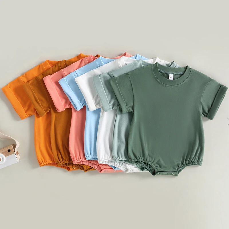

Cute Toddler Baby Boys Girls Summer Bodysuits Casual Short Sleeve Solid Color Rompers Fashion Sweet Newborn Infant Playsuits