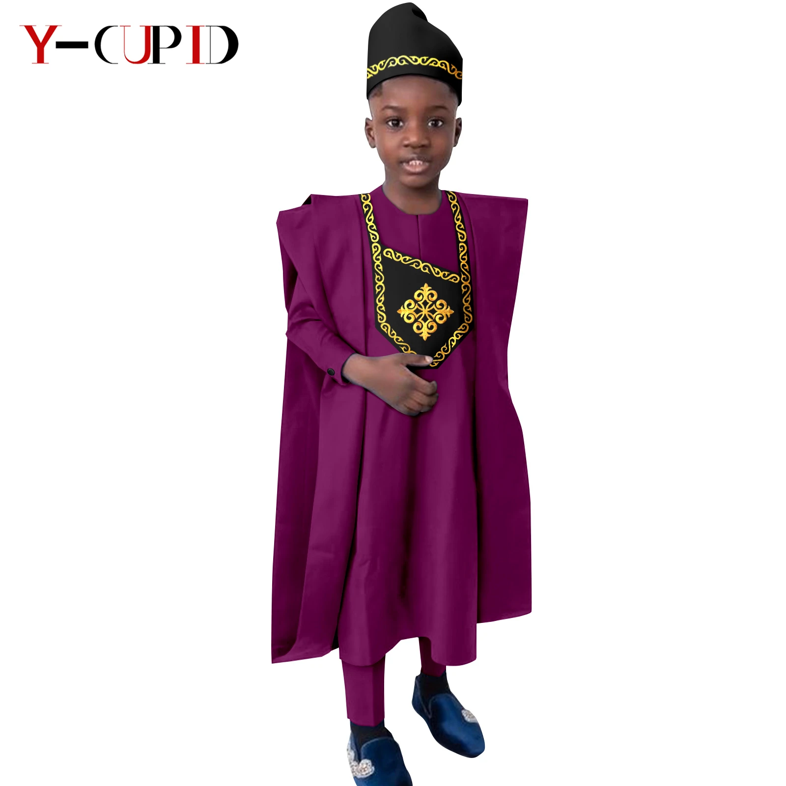 Bazin Riche African Agbada Clothes for Children Boys Casual Dashiki Outfits Wrap Hat+Vest+Shirts+Pants 4 Pieces Sets Y224024
