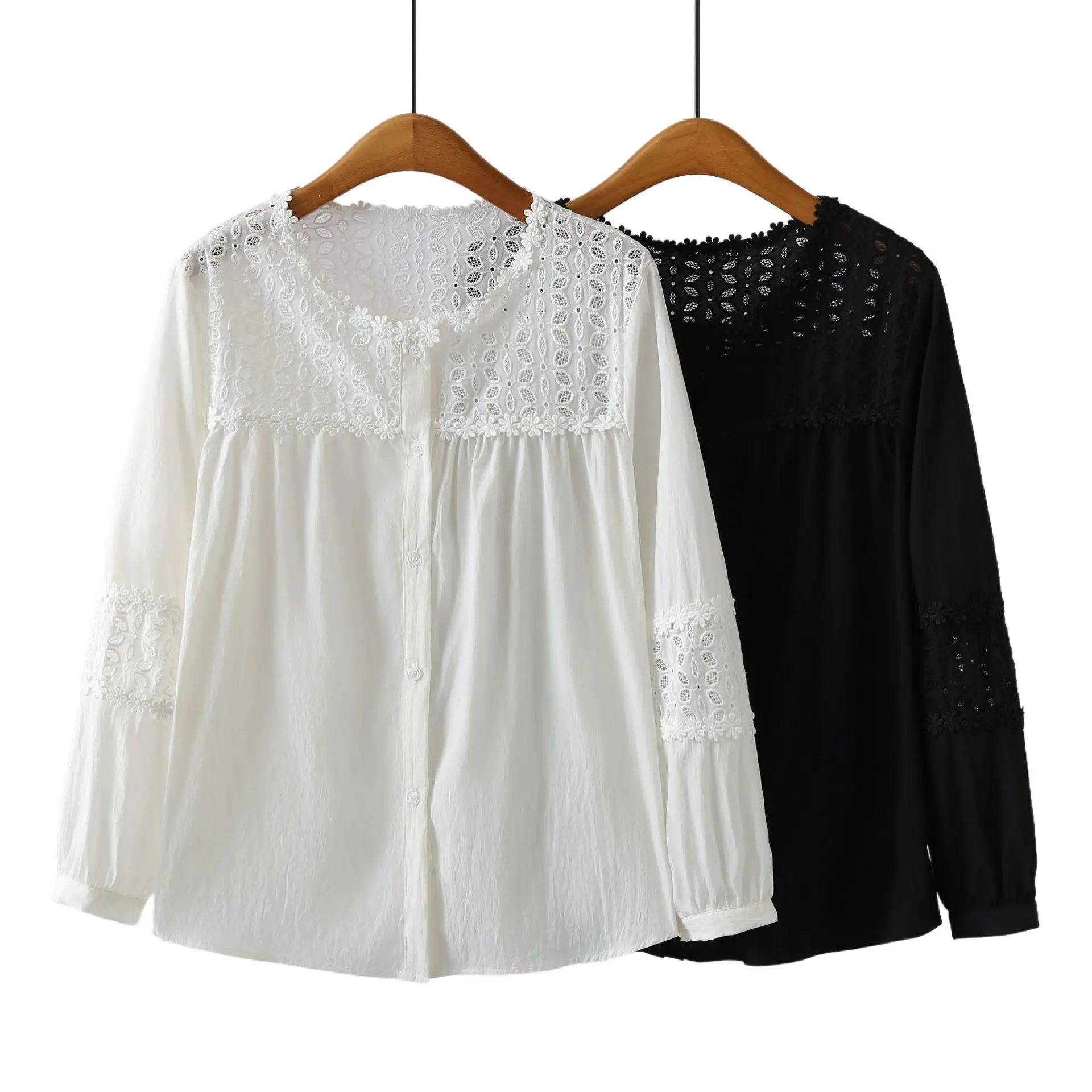 Fashion Plus Size Women's Blouses Korean Style Crocheted Patchwork Long Sleeve Shirt 815