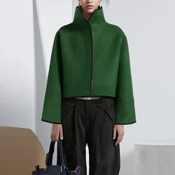 Lemongor 2023 Spring Female Vintage Jackets Green Long Sleeves Solid Color Fashion Casual Stand Collar Outerwear For Women New
