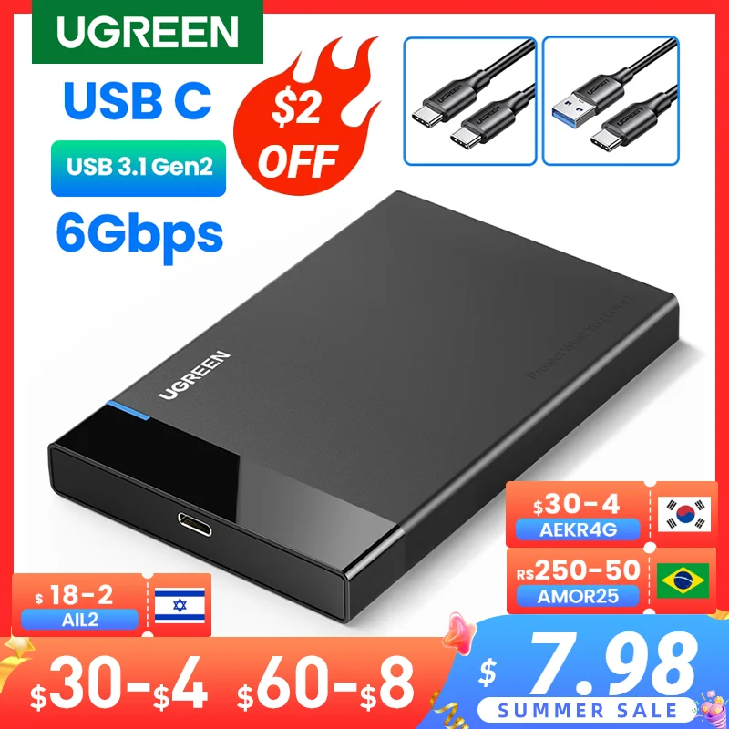 Ugreen ハードドライブエンクロージャー,2.5 sata to usb 3.0,ssdアダプター,タイプc 3.1sata to