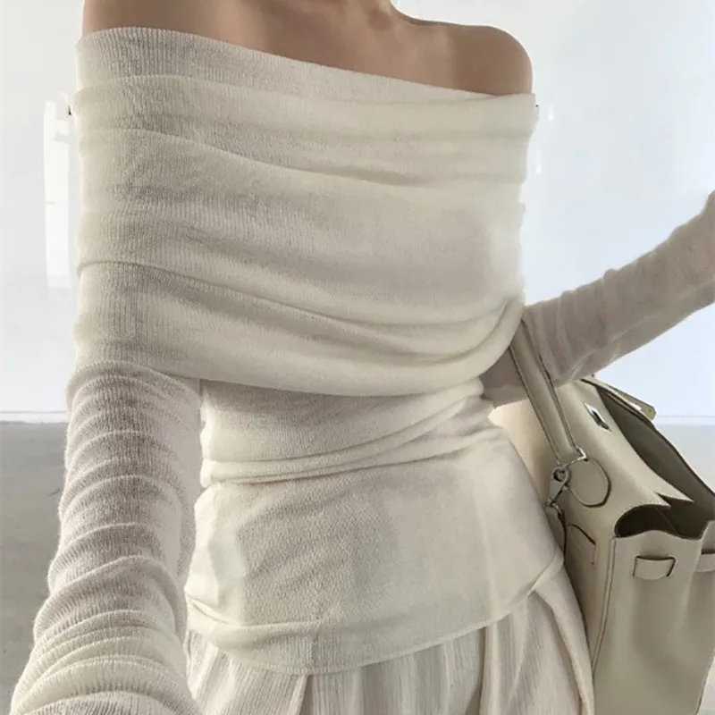New Large Lapel One-word Shoulder Off-the-shoulder Long-sleeved Knitted Sweater Elegant Retro Casual Solid Color Pullovers