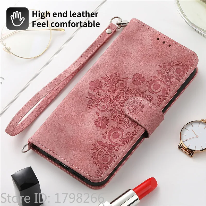 Leather Magnetic Phone Case with Floral Flip Wallet Design