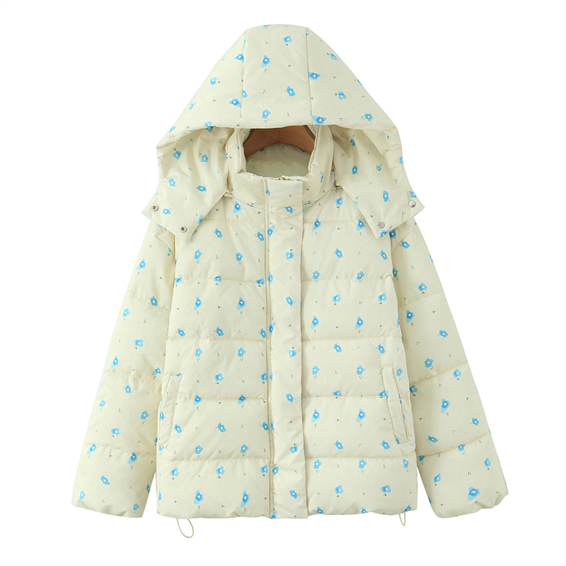 Women's Casual Floral Puffer Coat - Light Yellow with Blue Flowers, Detachable Hood Quilted Jacket, Warm Winter Outerwear