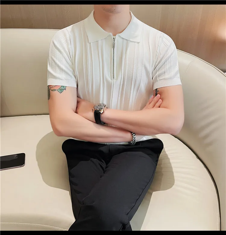 Summer Striped Knitted Polo Shirt for Men Short Sleeve Lapel Knitwear Male Casual Business POLO T-shirts Social Streetwear Tee 34 S11e105edffa84a9f877bcbbe0d64fbf4H