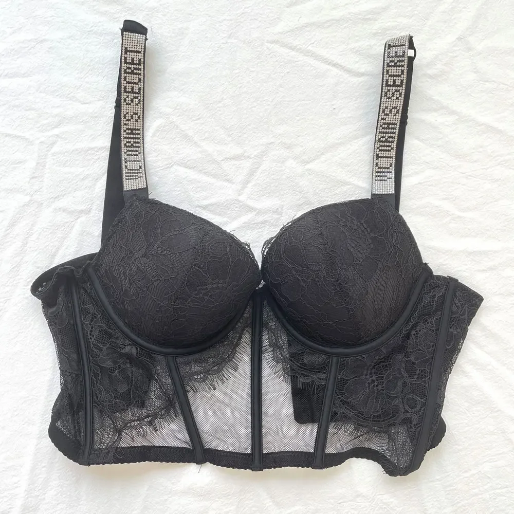 

Lingerie Women Rhinestone 2 Panties Letter Up Seamless Comfort Suit Underwear Brief Bra Piece VS Brand Push Set Sexy Design Lace