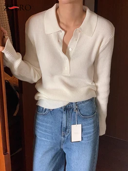 Fall Winter Polo Collar Knitted Pullovers Korean Fashion Women Slim Solid Y2k Knitwear Sweater Tops White Jumper Sueter Mujer 1