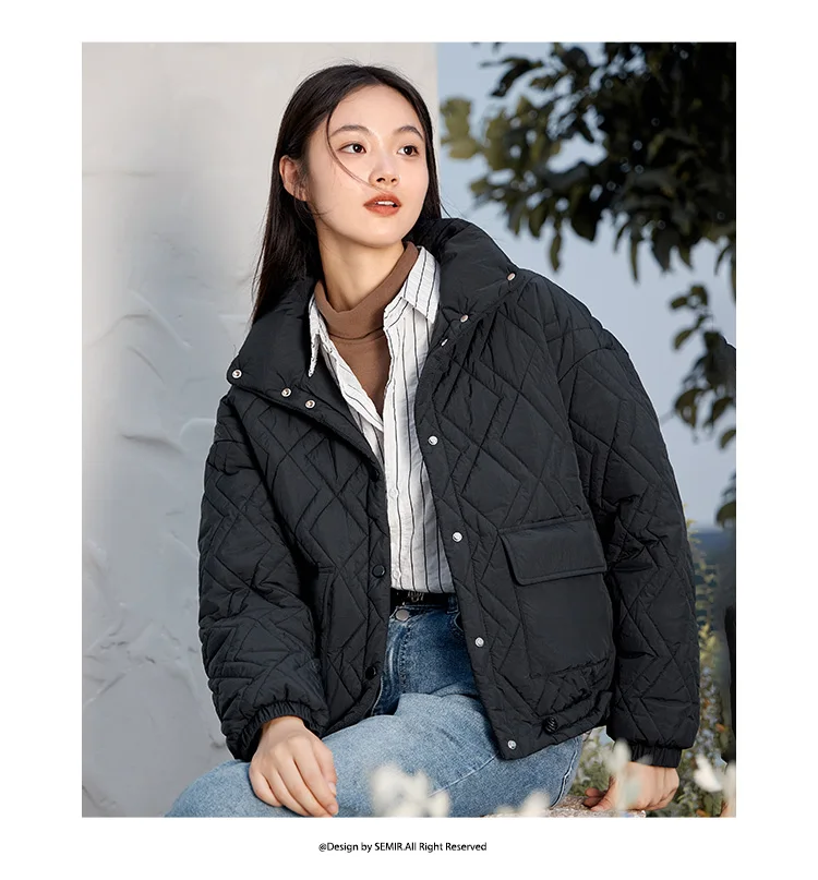 Cotton Clothing Women Stand Collar Loose New Winter Texture Rhombus Cotton Coat Fashion Casual