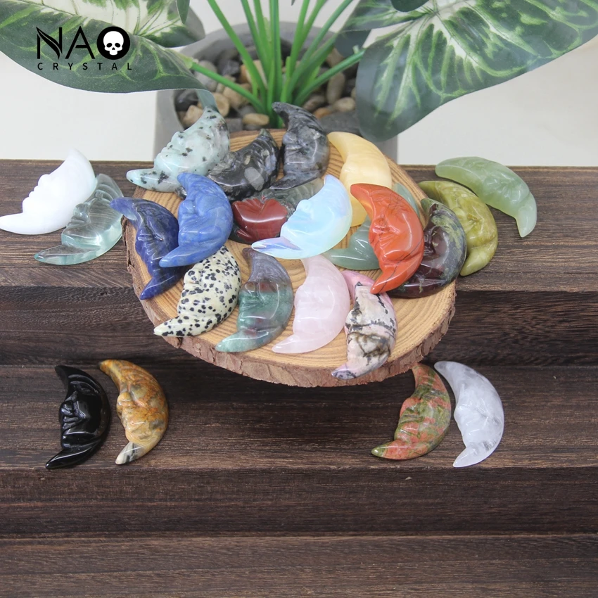 

2" Healing Crystal Moon Face Statue Carved Stone Rose Quartz Crescent Figurine Home Decoration Mineral Specimen Jewelry Making