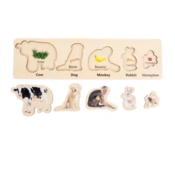 Montessori Wood Puzzles Animal and Food Matching Game for Kids Hand-Eye Coordination Practice Fine Motor Skill Educational Toys