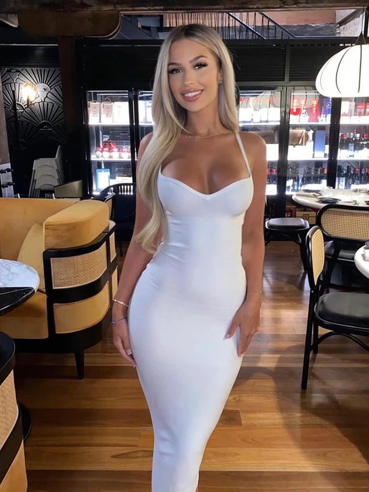 

Fashion Sexy Club Backless Women Long Dresses Streetwear Regular Casual Camisole Solid V-neck Slim Sheath Robes Elegant Vestidos