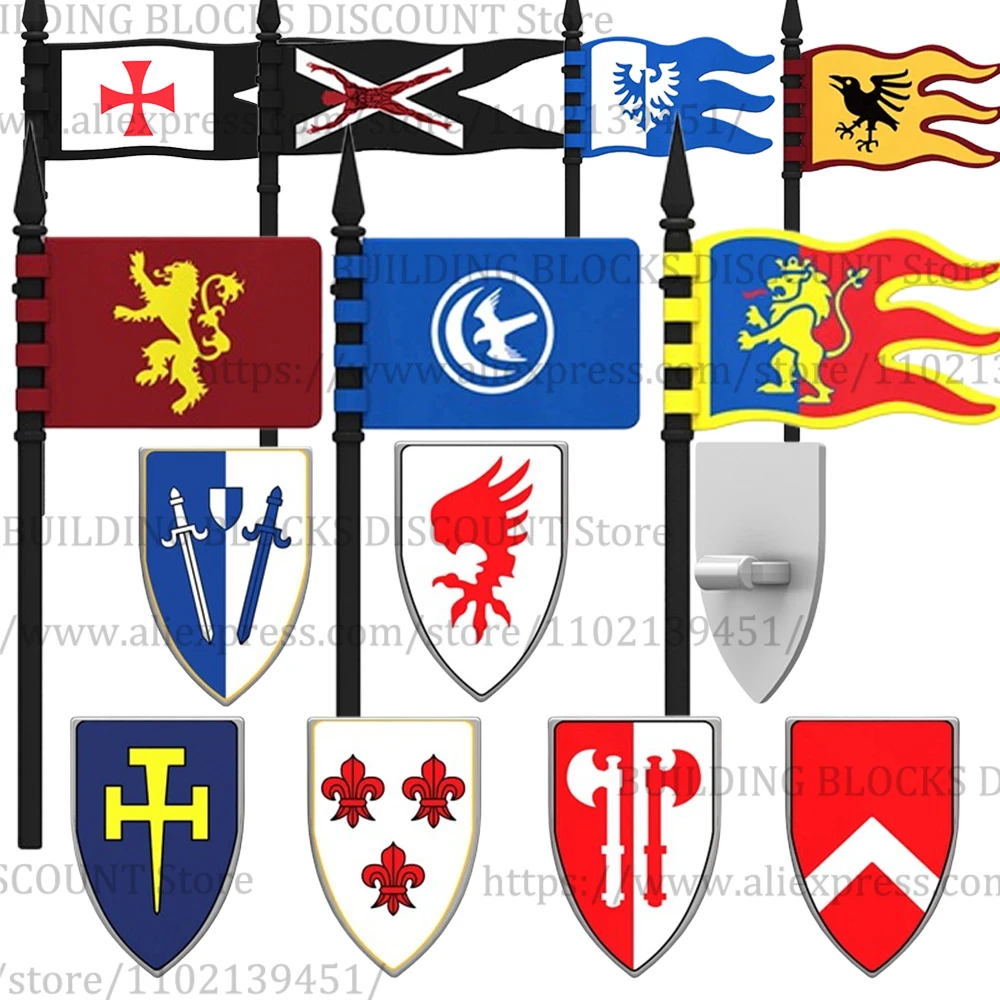 Accessori Militari Medievali Rose War Figure Blocks Shield Roman Burton Black Hawk Flag Soldati Arma Casco Cavallo Brick K127