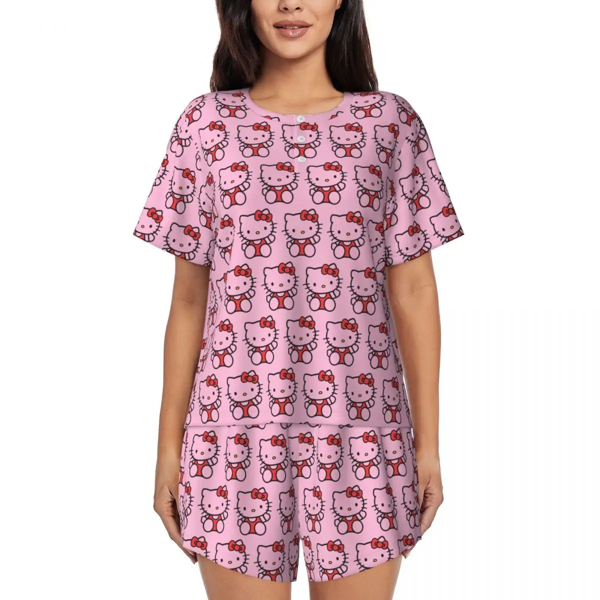 

Женский пижамный комплект с бантом Hello Kitty, с принтом на заказ, из 2 предметов, одежда для сна с коротким рукавом, комплекты для отдыха