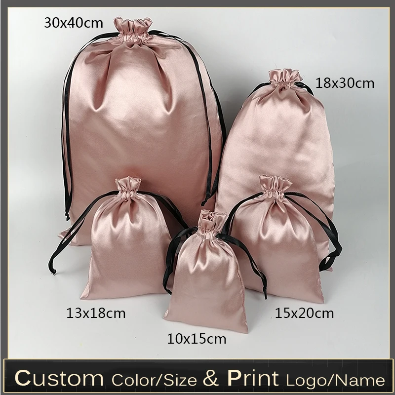 Rose Gold Silk Satin Jewelry Drawstring Bag Makeup Shoes  Clothes Virgin Hair Extensions Wigs Packaging Bags Storage Custom Logo