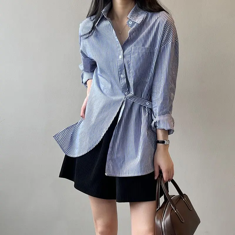 2024 Women Korean Fashion Striped Asymmetrical Split Shirts Office Lady Elegant Chic Casual Tunic Blouse Loose Long Sleeve Tops