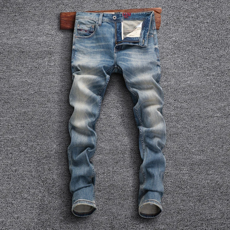 Fashion Designer Men Jeans High Quality Red Line Elastic Slim Fit Ripped Jeans Men Trousers Vintage Casual Denim Pants Hombre