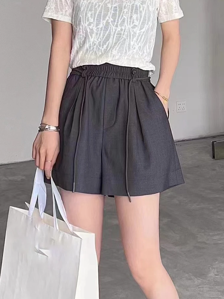 [LANMREM] Minimalism Drawstring High Wait Shorts For Women Solid Casual Loose Casual Clothes Fashion 2024 Summer New 26D8885