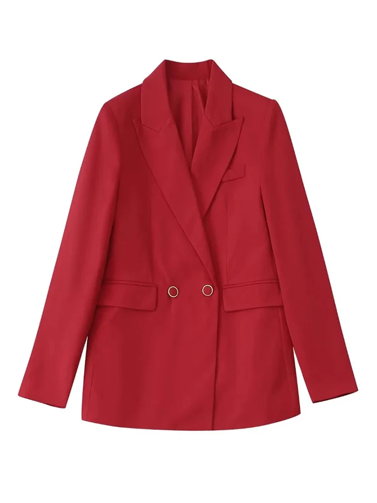 

Женский двубортный Блейзер Evfer, модная красная длинная верхняя одежда для девушек, офисный стиль, повседневная прямая куртка с двумя карманами, весна-осень