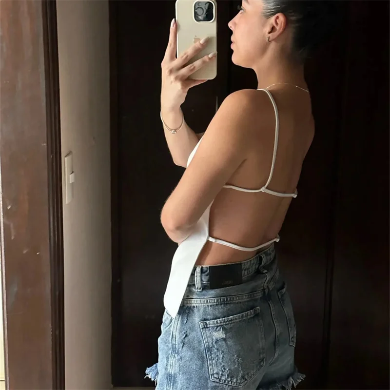 TRAF Black Backless Top Female Sleeveless White Crop Top Women Summer Sexy Tops Woman Party Women’s Evening Top With Straps Best Sellers In Women's Clothing