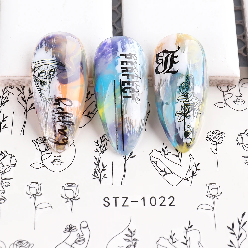 Nail Decals Nail Stickers Nail Art Decoration Abstract Lady Face Nail Decals Water Black Leaf Sliders Paper Nail Art Decor Gel Polish Sticker Manicure Foils