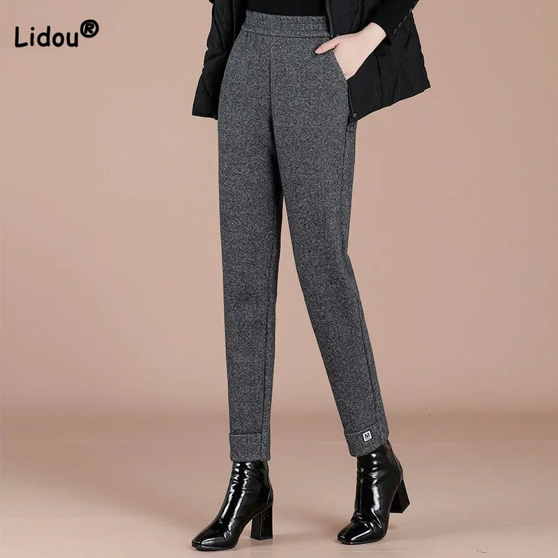 Women's Woolen Elastic High Waisted Harlan Pants Office Lady Loose Hip Lifting and Wear Resistance Slim Nine Points Trousers y2k harlan jeans children s new summer fat mm wide leg pants big size thin nine points radish pants daddy pants