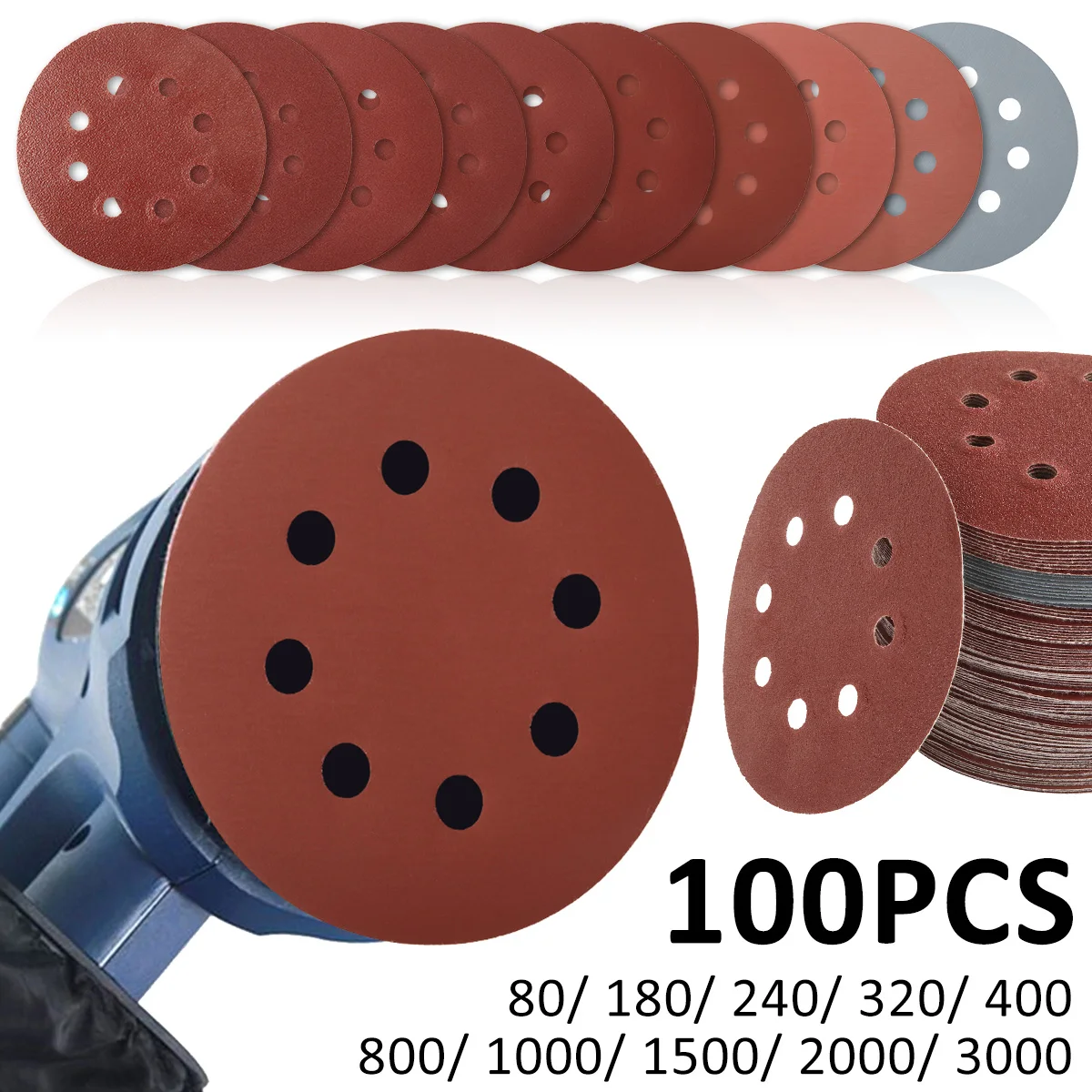 5 Inch Round Sanding Discs Alumina Sanding Pads 8-Hole Sheet Polishing Sandpaper for Metal Wood Glass Car 100pcs sanding discs