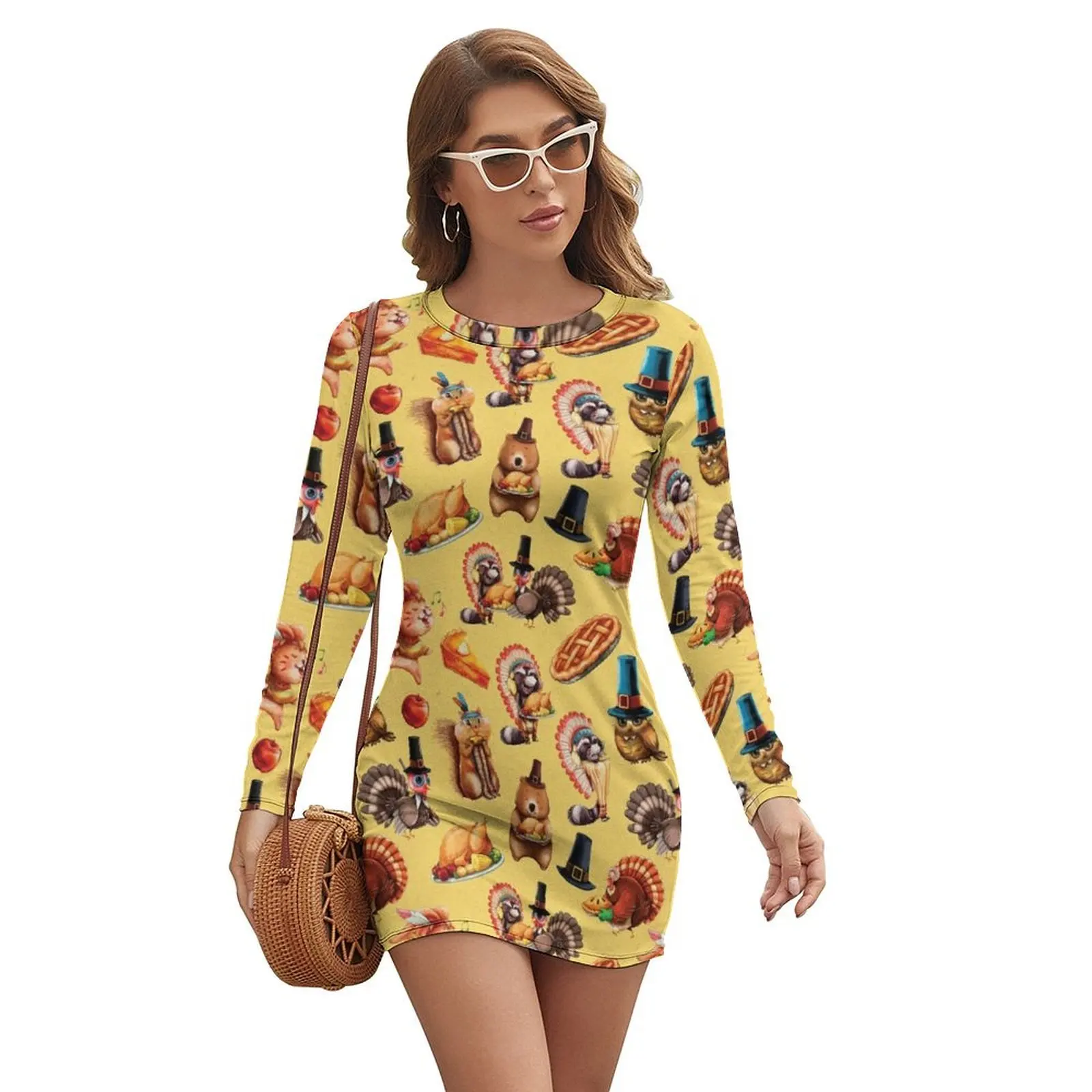 

Thanksgiving Print Turkey Animals Autumn Long-sleeved Dress Cocktail of dresses Dress woman