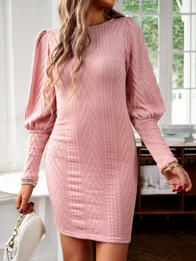 

2023 Autumn Winter Long Lantern Sleeve O-Neck Knitted Dress for Women Elegant Ladies Sweater Bodycon Dresses Female Clothing
