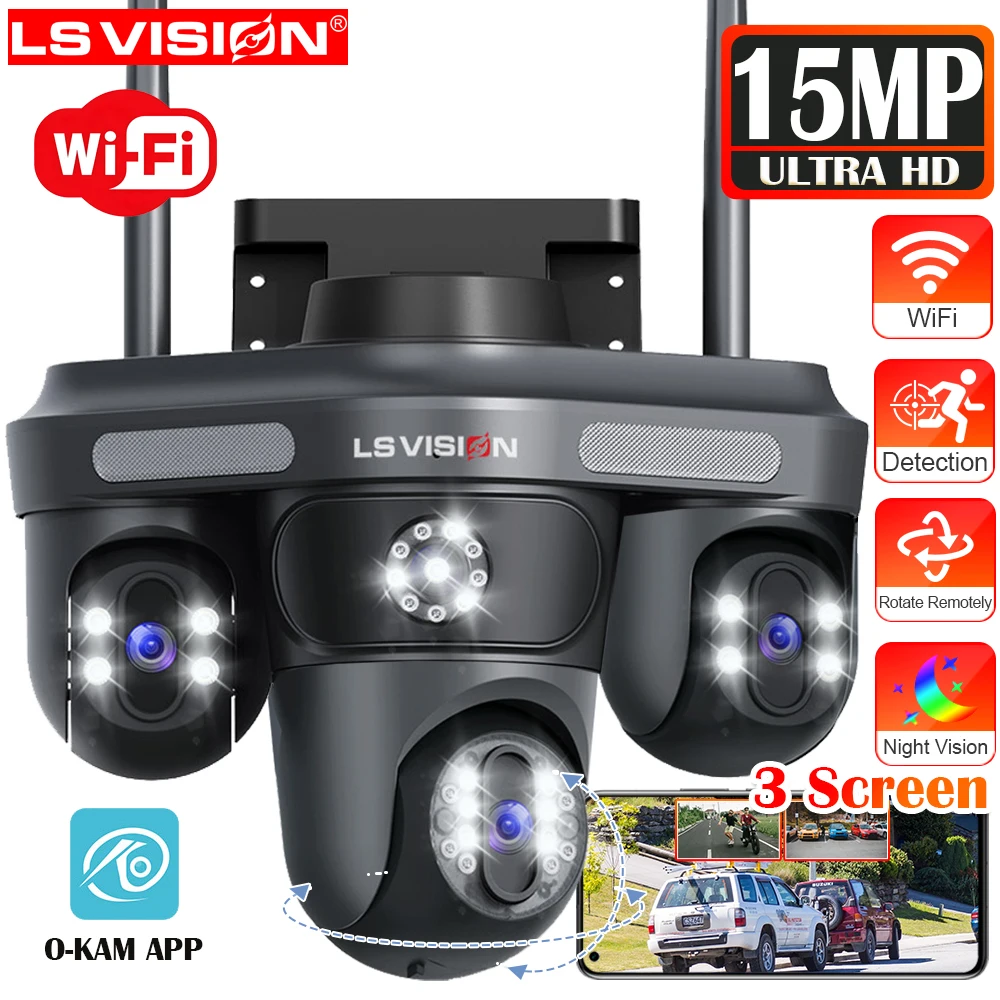 15MP WiFi Security Camera Three Screens Outdoor IP Camera Three PTZ 2-Way Audio Human Detection Auto Tracking CCTV Cam