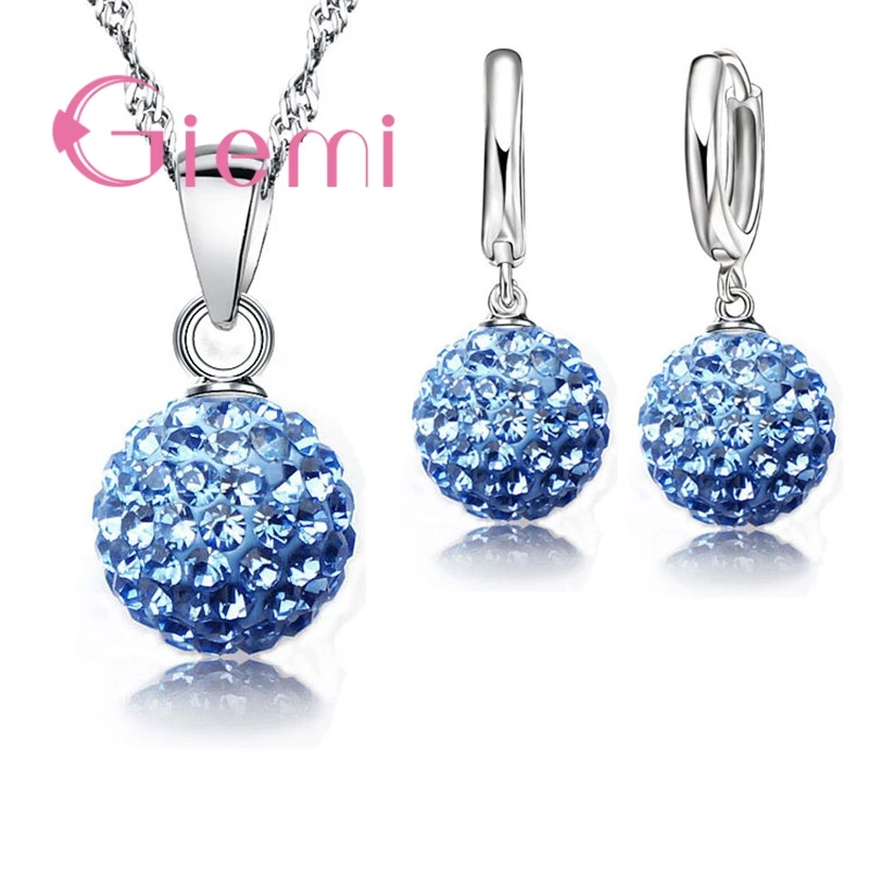 Jewelry Set 925 Sterling Silver Austrian Crystal Ball Lever Back Earring Pendant Necklace for Woman