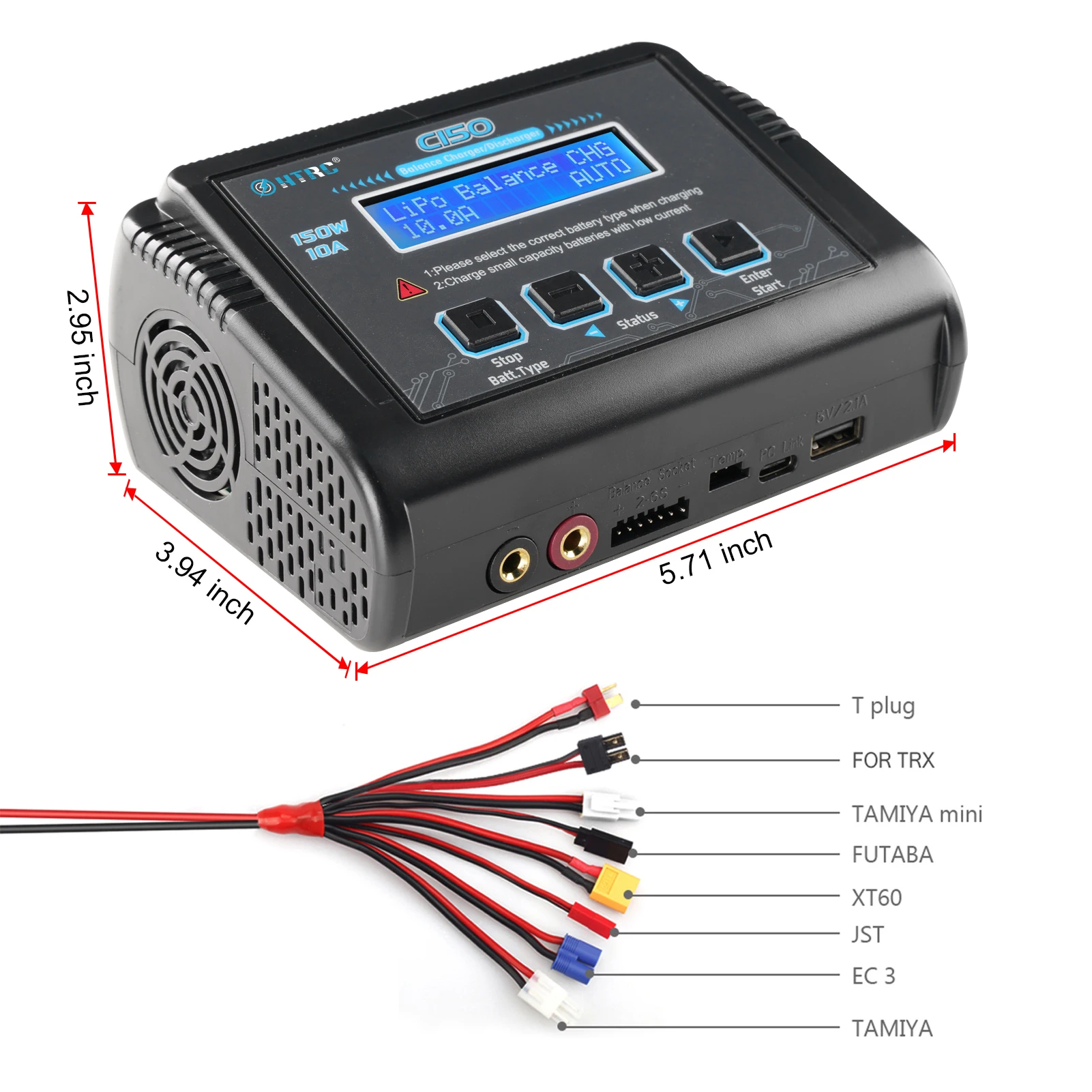 HTRC C150 RC Charger Balancer AC/DC 150W 10A Battery Discharger for LiPo LiHV LiFe Lilon NiCd NiMh Pb Batteri+8 in 1 Cables