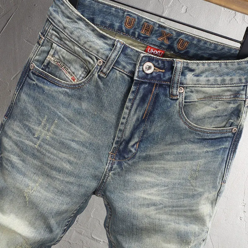 Italian Style Fashion Men Jeans Retro Washed Blue Stretch Slim Fit Ripped Jeans Men High Quality Vintage Designer Denim Pants