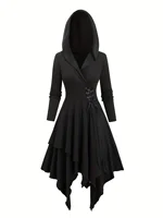 European and American fashion plus size long sleeve Gothic lace-up hooded irregular dress pure black handkerchief hem. - Image 3