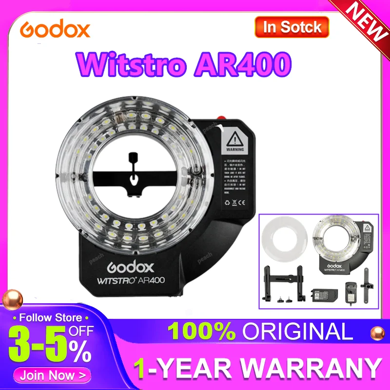 Godox Witstro AR400 R2400 400W Ring Flash Speedlite With Li-ion Battery + LED Video Light for Sony Canon Nikon DSLR Cameras