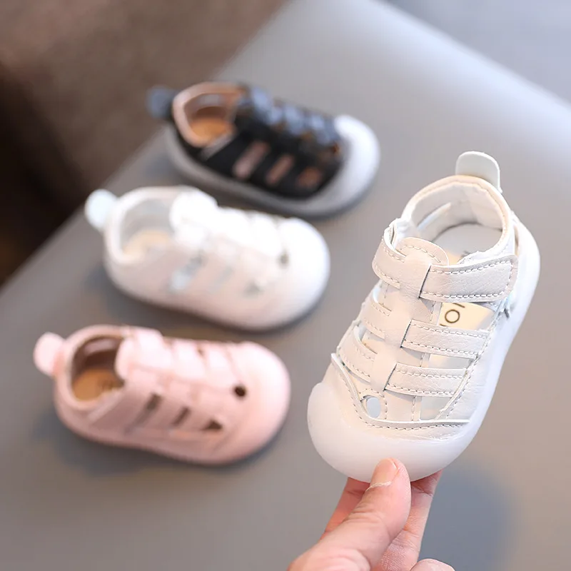 0-3 Years Baby Sandals Soft PU Leather Newborn First Walkers Infant Summer Beach Shoes Baby Toddler Boy Girl Sandals White,Black 1