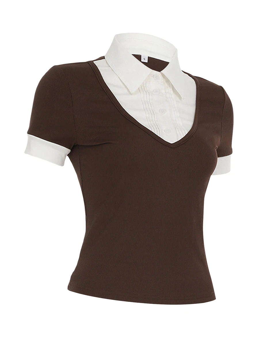 Women s Summer Casual T-Shirt with Fake Two-Piece Design and Patchwork Short Sleeves for Streetwear Aesthetic and Grunge Style