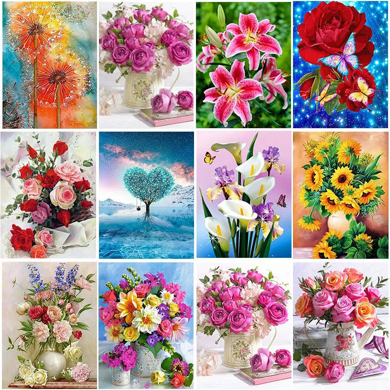 5D DIY Diamond Painting Flower Vase Cross Stitch Kit Full Round Diamond Embroidery Mosaic Rose Art Picture Rhinestone Home Decor 5d shiny diamond painting