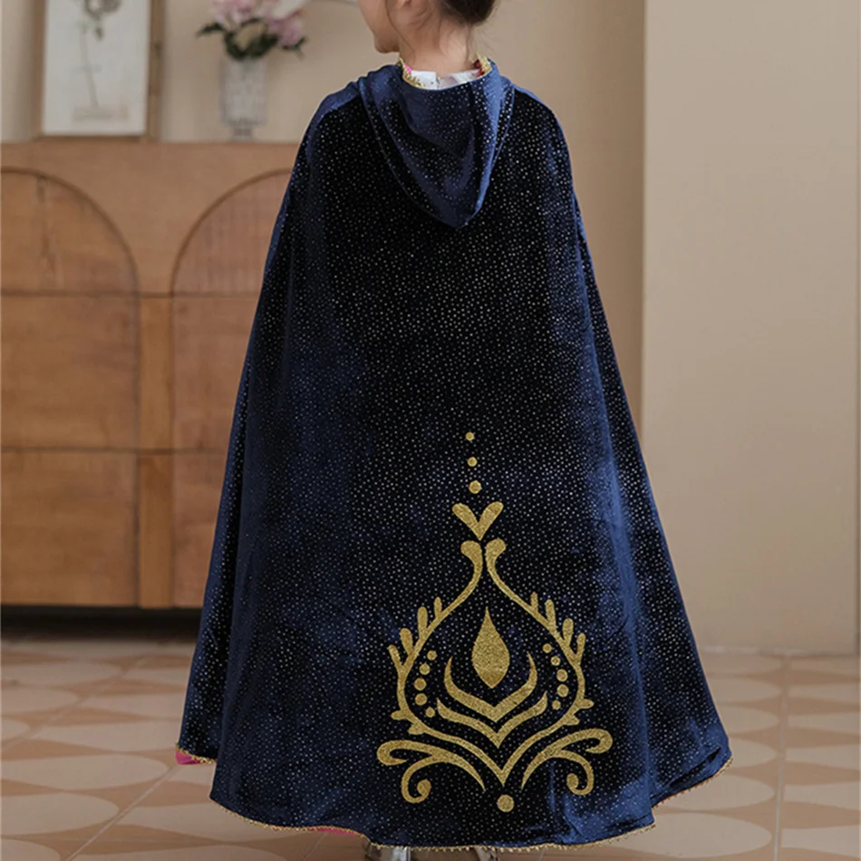 Anna Role Play Princess Hooded Cape Girl Print Cloak Kid Cosplay Birthday Carnival Halloween Party Charm Shiny Costume Accessory