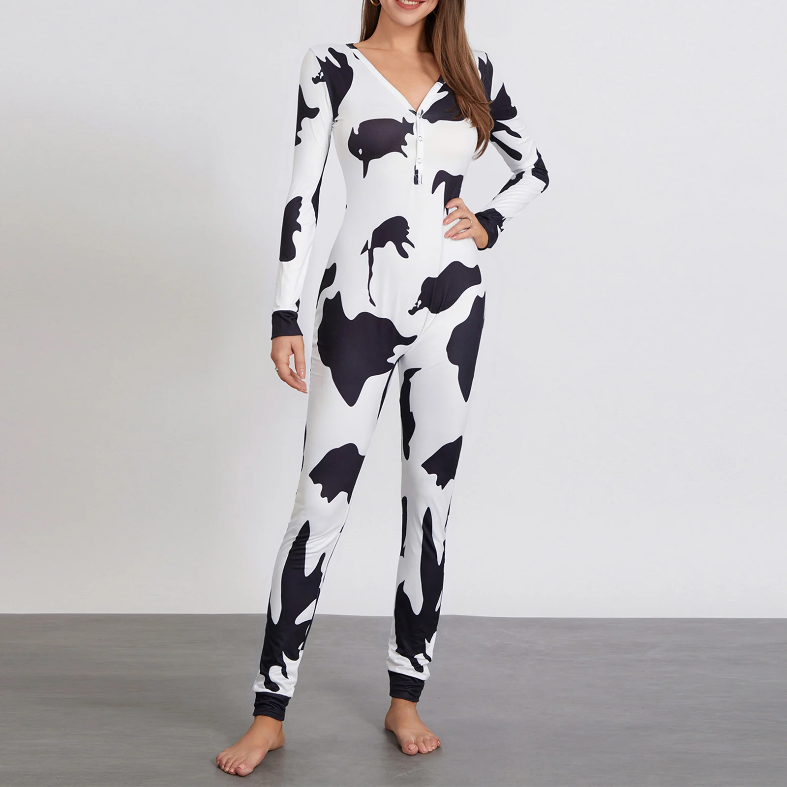 Women Buttoned Flap Jumpsuits Sleepwear Printed Long Sleeve V Neck Bodycon Romper Pyjamas Loungewear Home wear