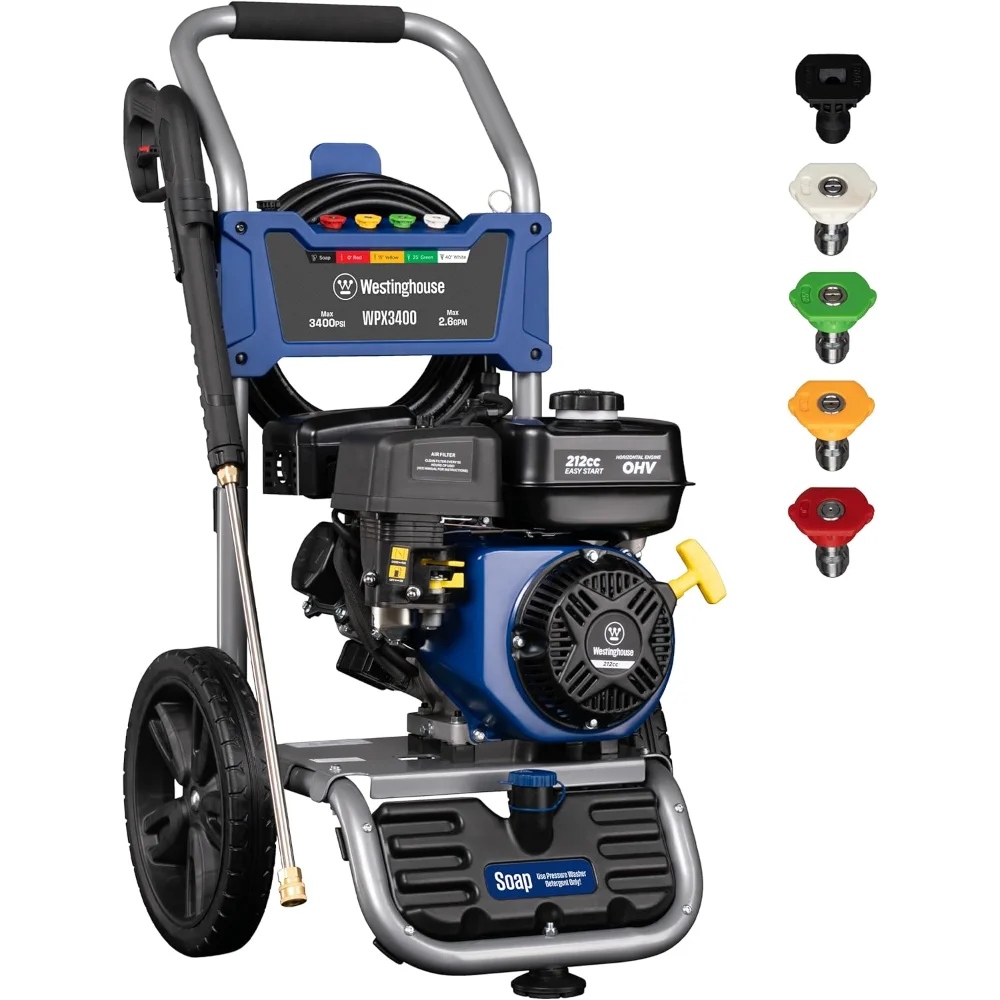

Westinghouse WPX3400 Gas Pressure Washer, 3400 PSI and 2.6 Max GPM, Onboard Soap Tank, Spray Gun and Wand, 5 Nozzle Set, for Car